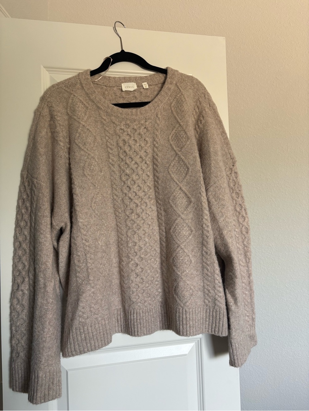 Cyrus Taupe Cable-Knit Crewneck Sweater